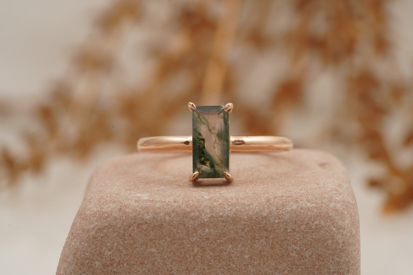 Baguette Cut Moss Agate 14k Rose Gold Engagement Ring