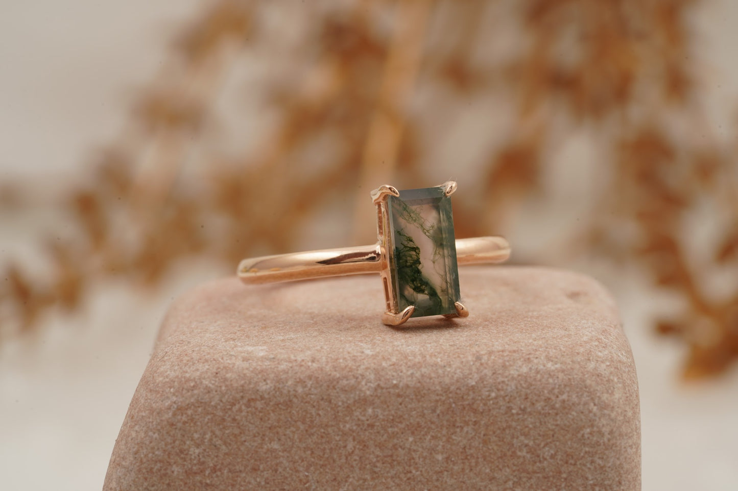 Baguette Cut Moss Agate 14k Rose Gold Engagement Ring