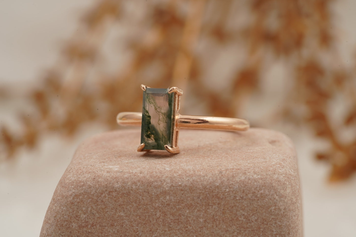 Baguette Cut Moss Agate 14k Rose Gold Engagement Ring