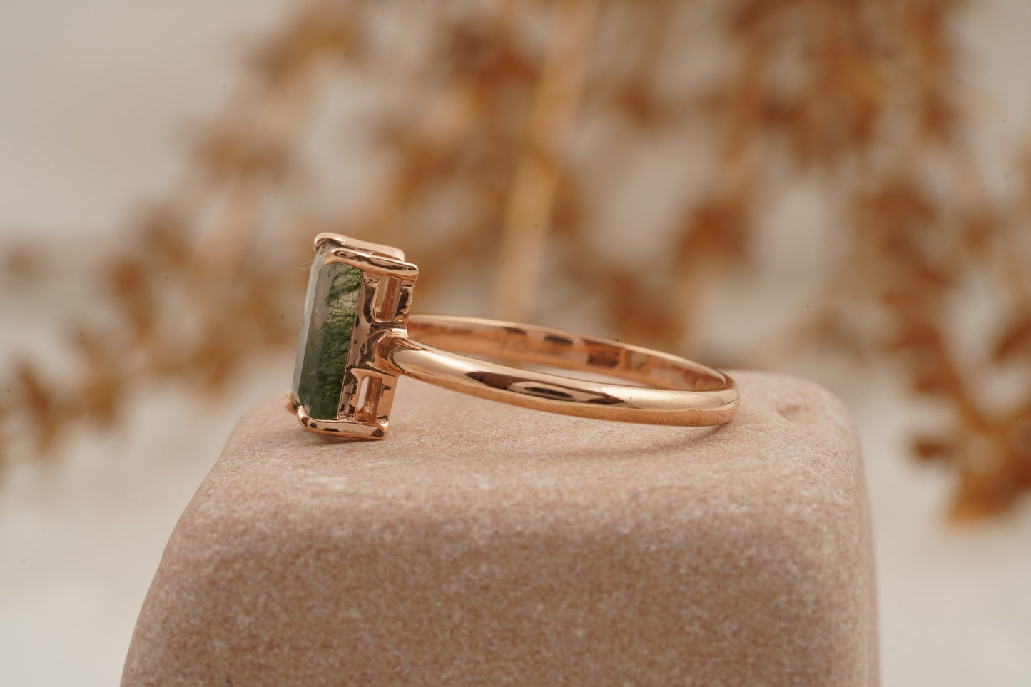 Baguette Cut Moss Agate 14k Rose Gold Engagement Ring