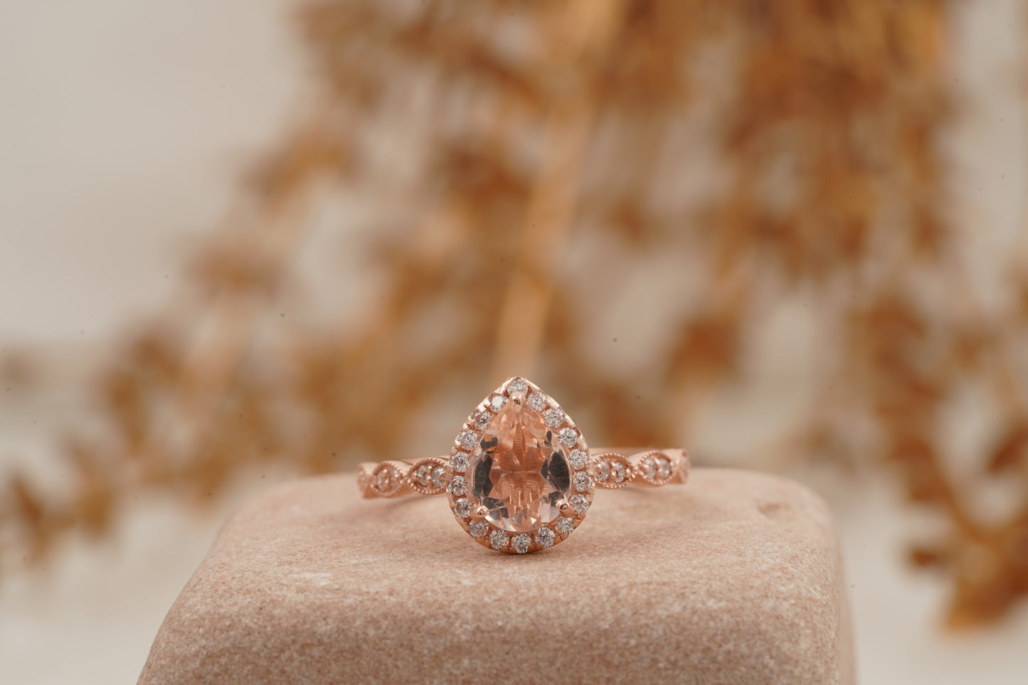 Pear Shaped Morganite Rose Gold Bridal Engagement Ring