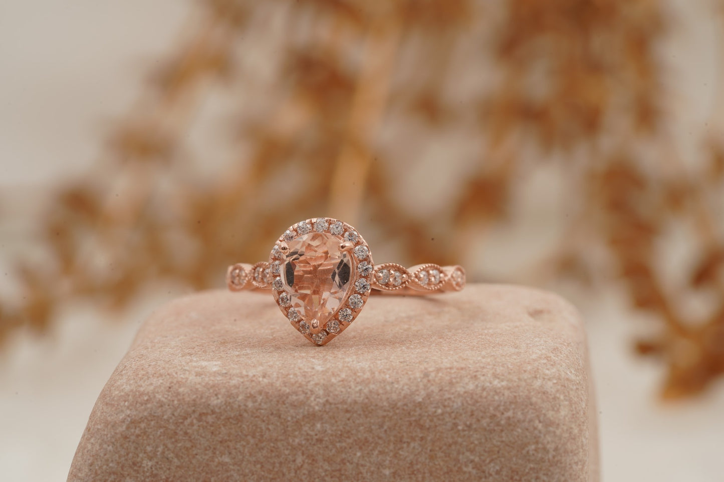 Pear Shaped Morganite Rose Gold Bridal Engagement Ring