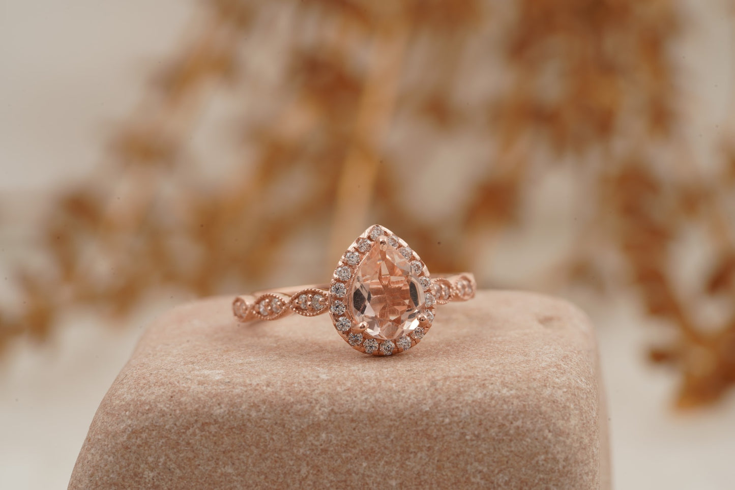 Pear Shaped Morganite Rose Gold Bridal Engagement Ring