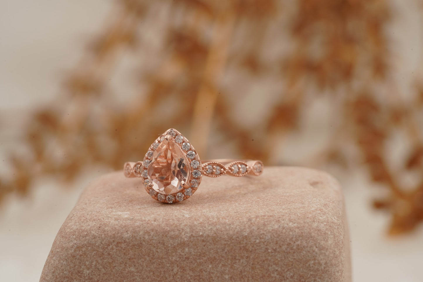 Pear Shaped Morganite Rose Gold Bridal Engagement Ring