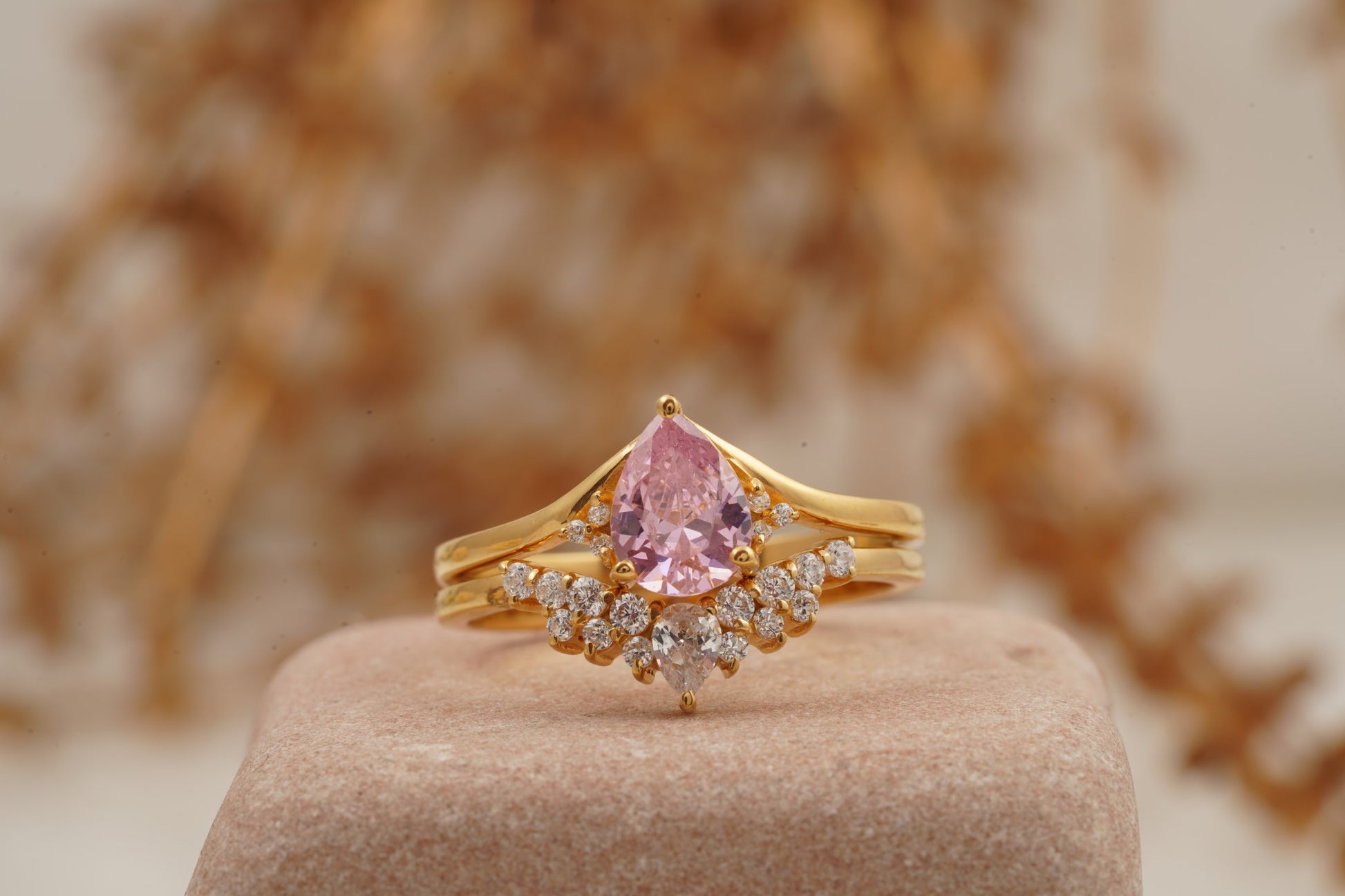 Pink Sapphire Engagement Ring Set With Diamond Wedding Band