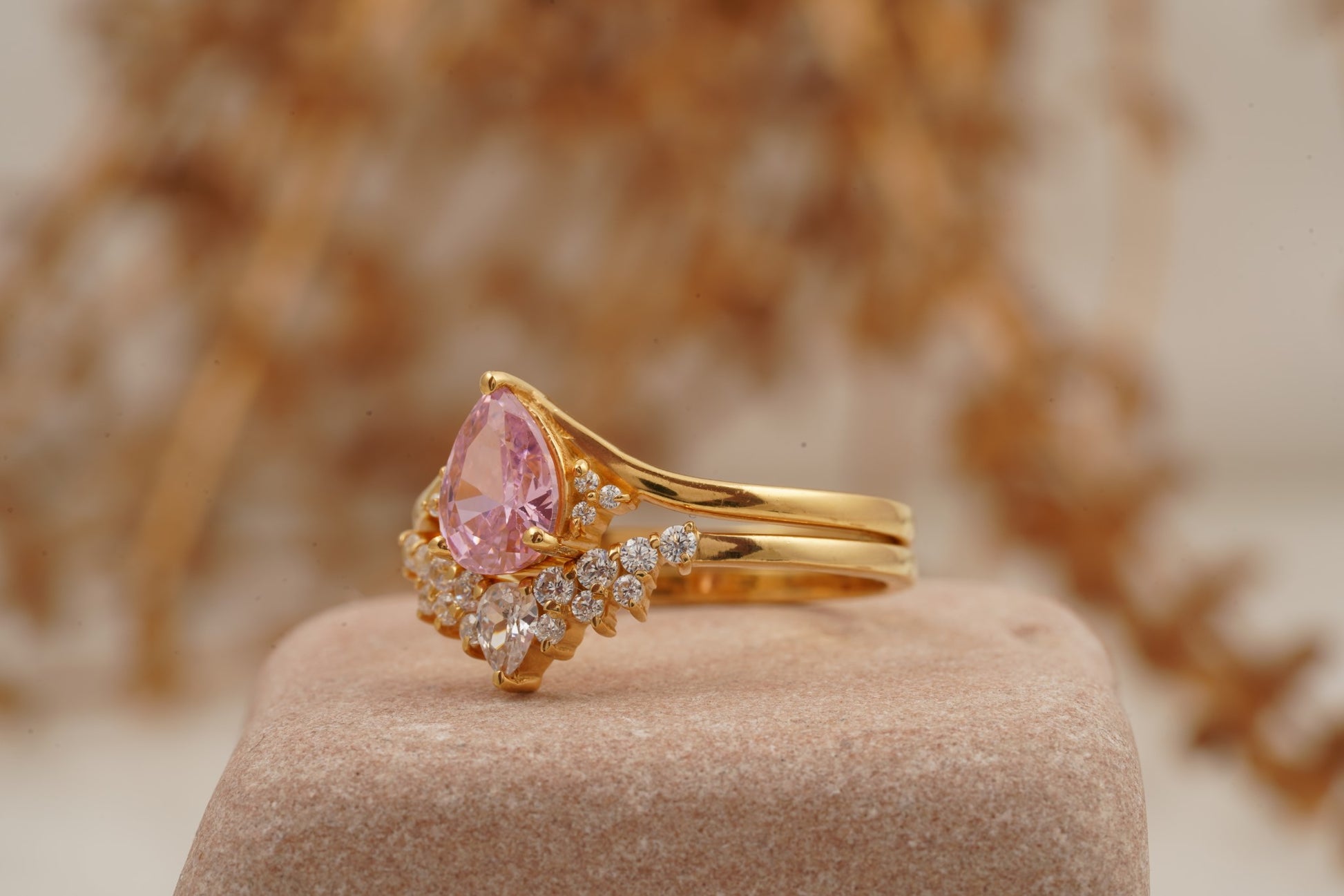 Pink Sapphire Engagement Ring Set With Diamond Wedding Band Left Angle