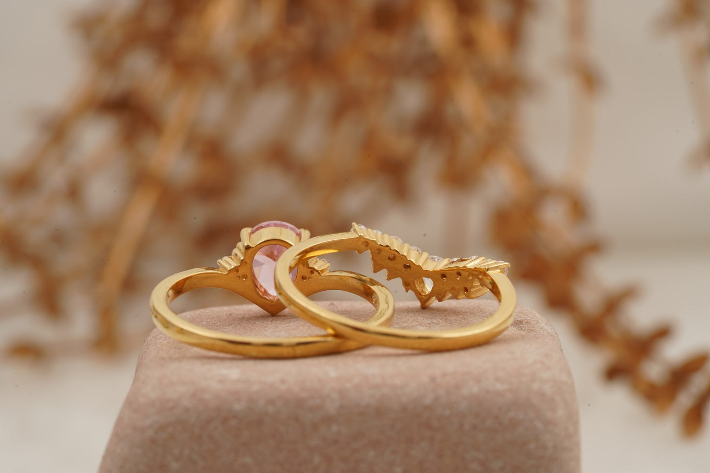 Pink Sapphire Engagement Ring Set With Diamond Wedding Band Back Side