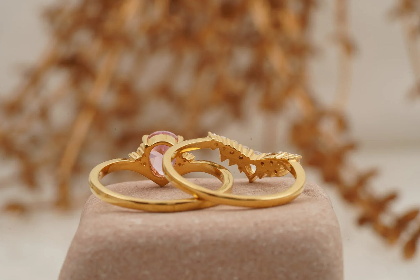 Pink Sapphire Engagement Ring Set With Diamond Wedding Band - MinimalistJewels