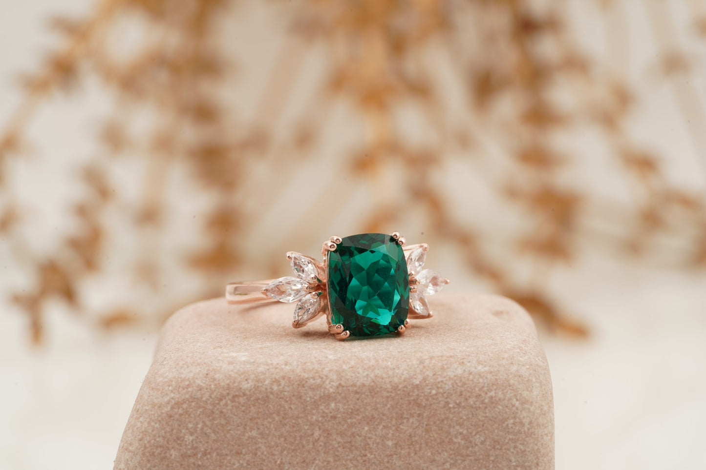 Green Emerald Marquise Diamond Cluster Engagement Ring