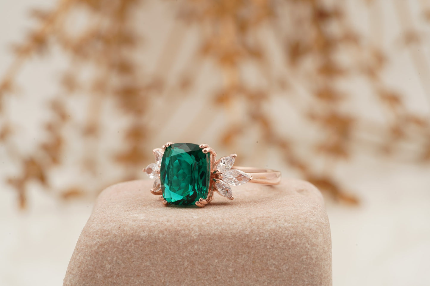 Green Emerald Marquise Diamond Cluster Engagement Ring