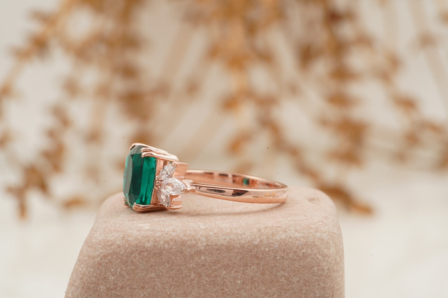 Green Emerald Marquise Diamond Cluster Engagement Ring