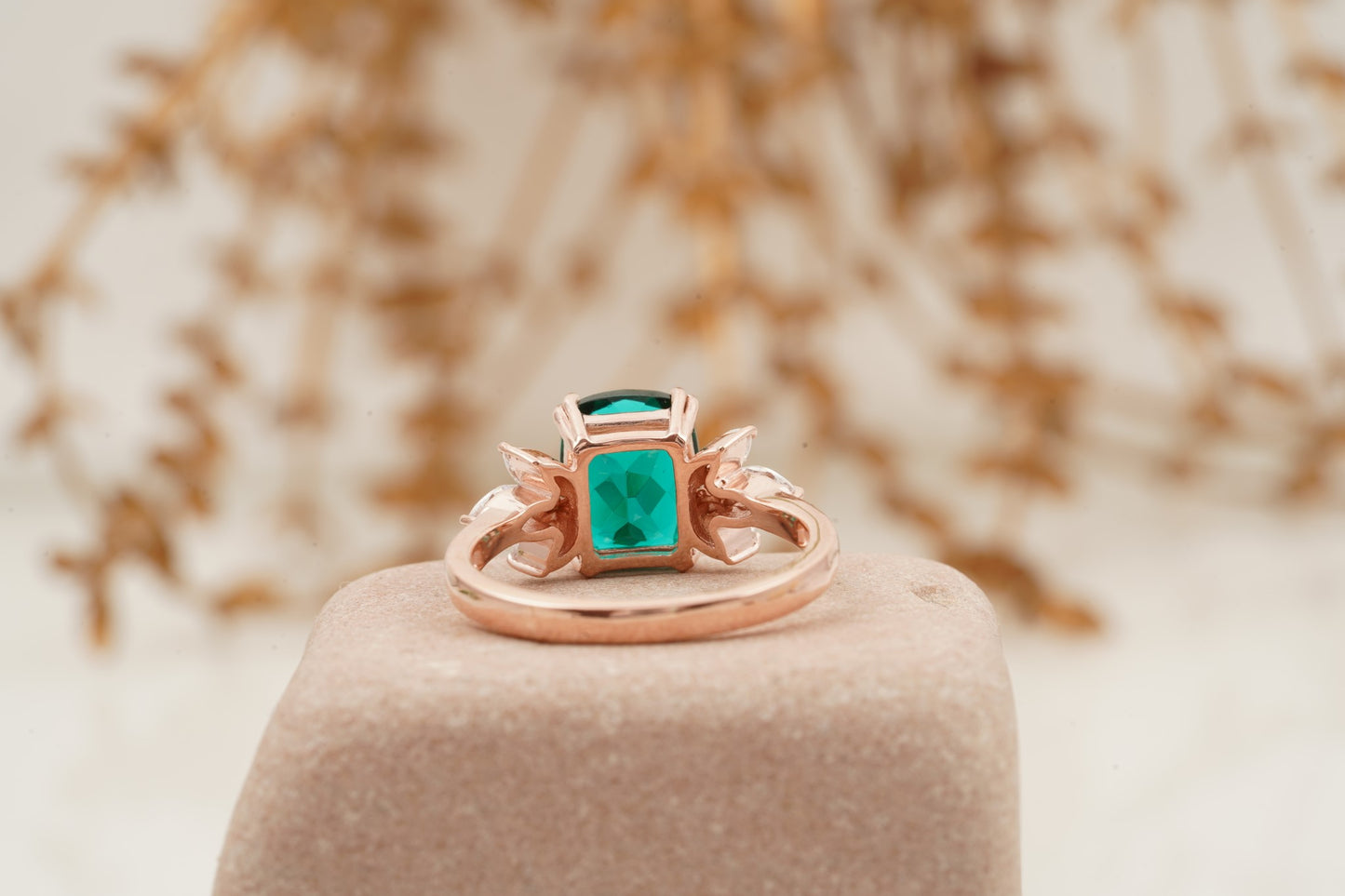 Green Emerald Marquise Diamond Cluster Engagement Ring