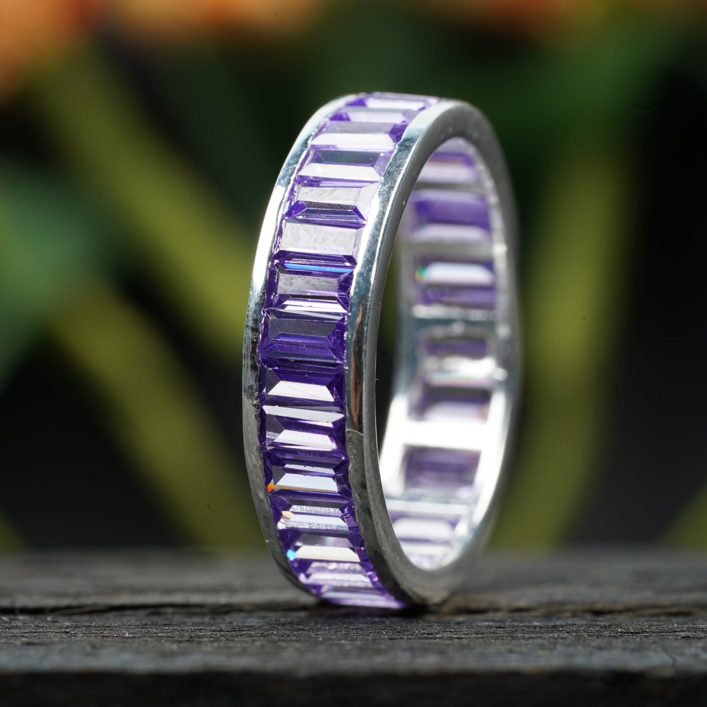 Baguette Cut Amethyst Gem Channel Set Wedding Band Ring