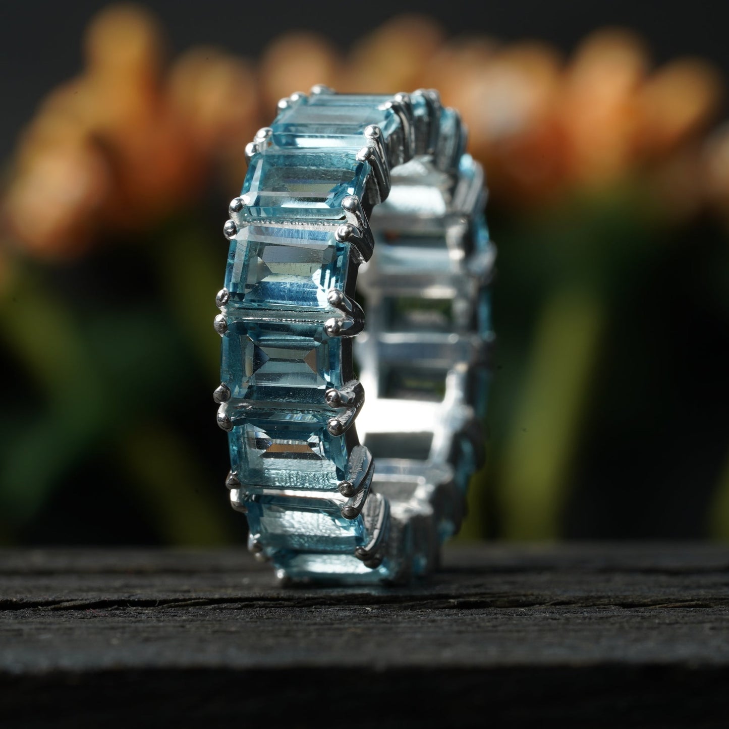 Baguette-Cut Aquamarine Full Eternity Wedding Band