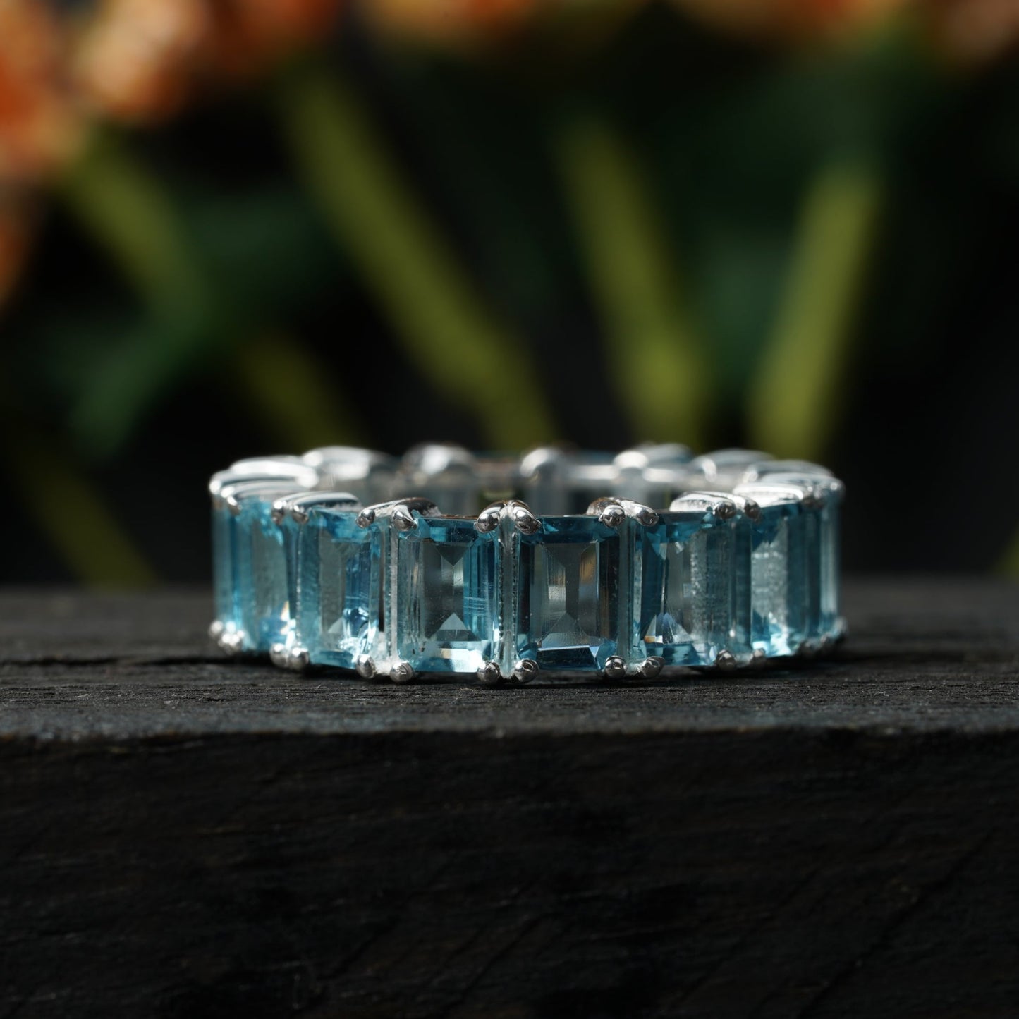 Baguette-Cut Aquamarine Full Eternity Wedding Band