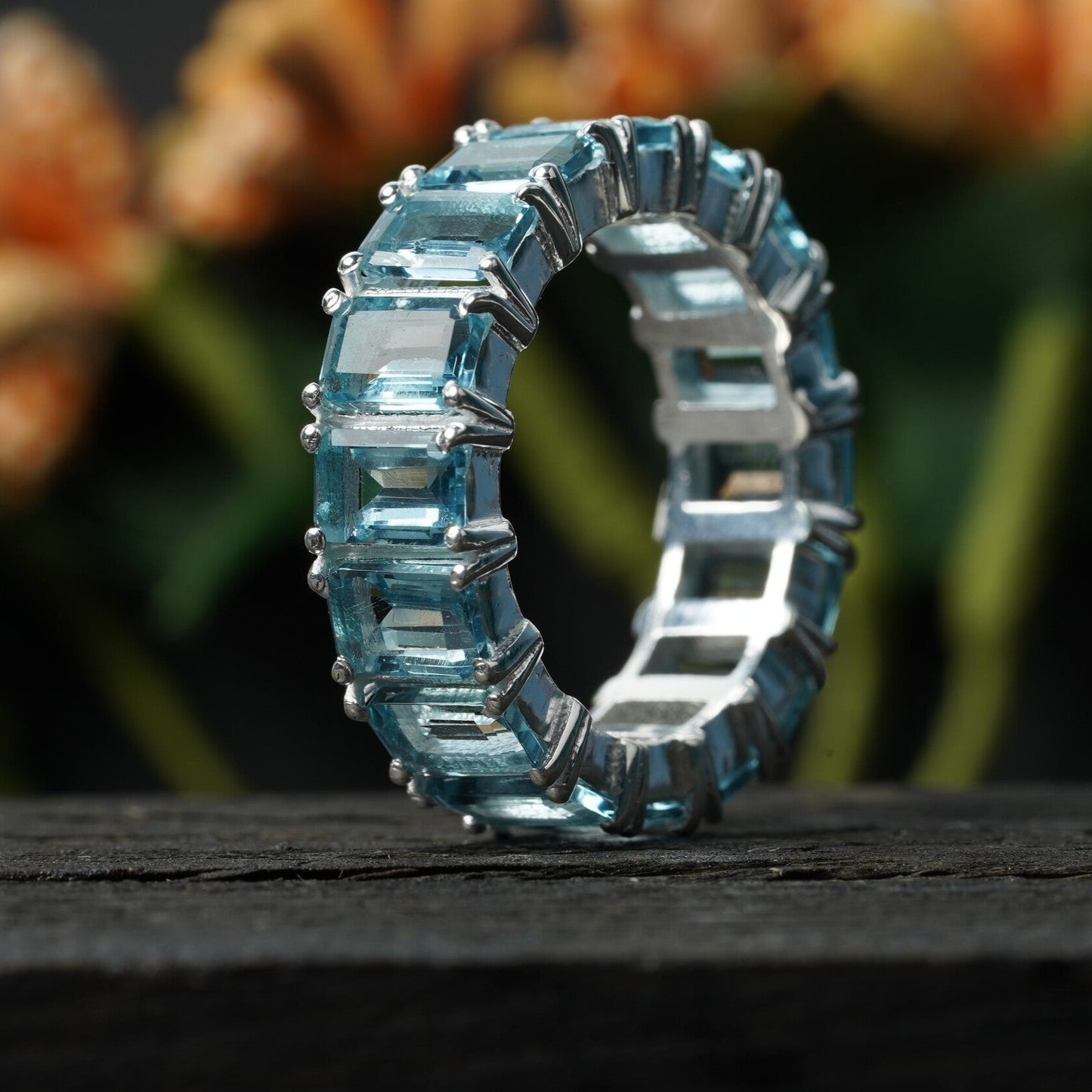 Baguette-Cut Aquamarine Full Eternity Wedding Band