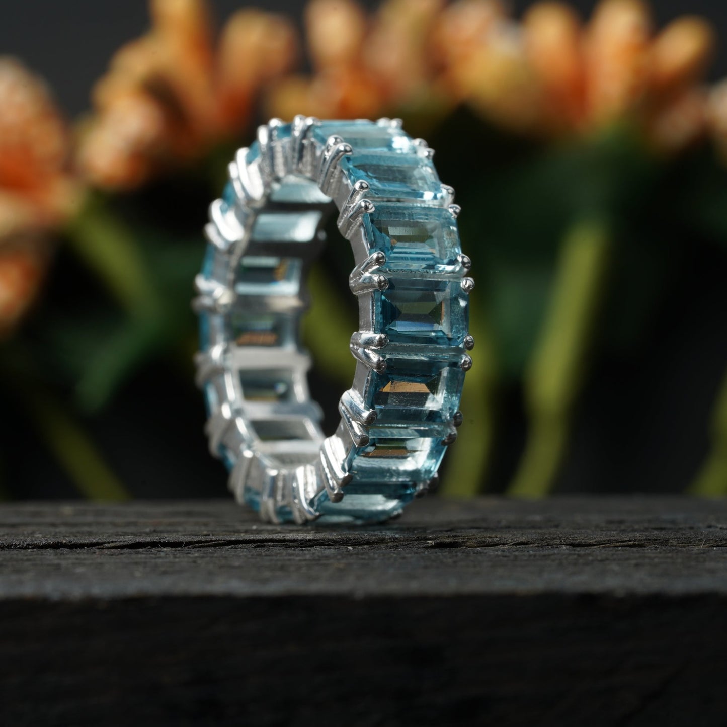Baguette-Cut Aquamarine Full Eternity Wedding Band