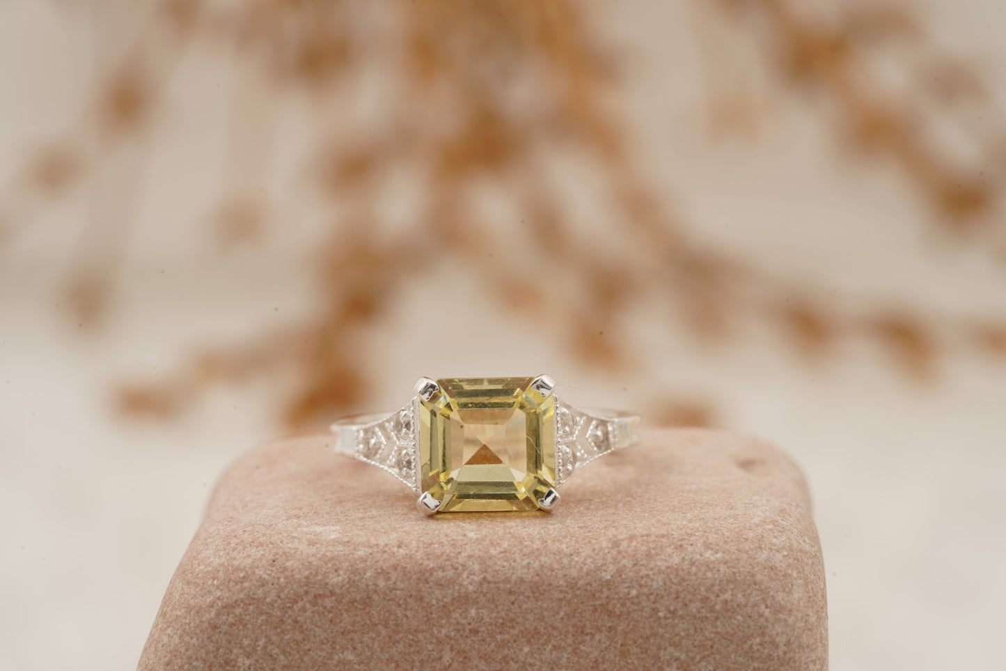 Yellow Moissanite Asscher Cut Engagement Ring