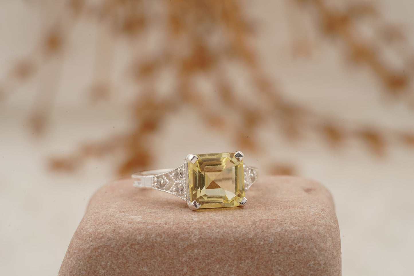 Yellow Moissanite Asscher Cut Engagement Ring Right Position