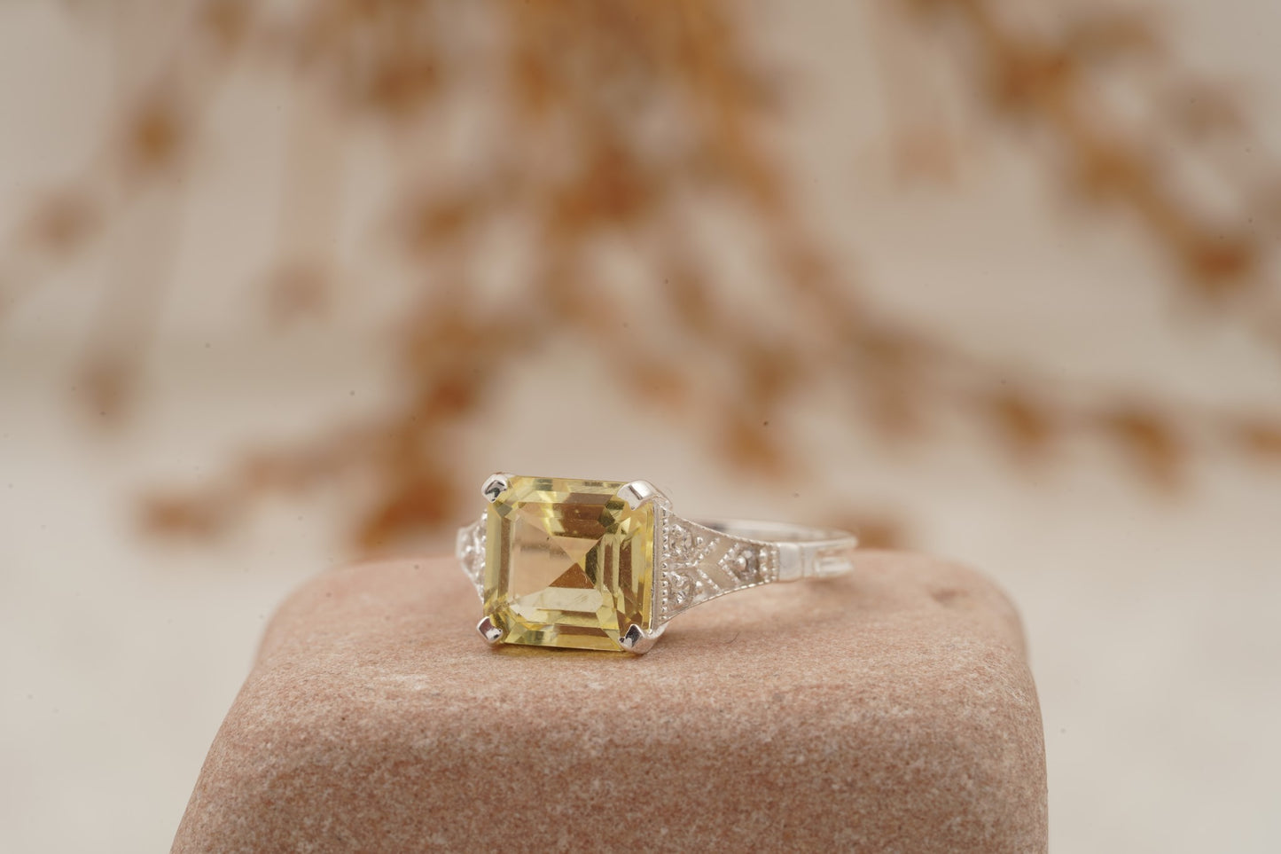 Yellow Moissanite Asscher Cut Engagement Ring Left Position