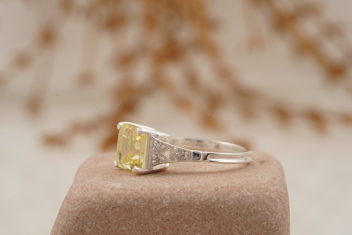 Yellow Moissanite Asscher Cut Engagement Ring Round