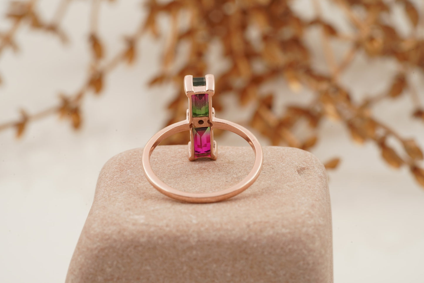 Baguette Cut Watermelon Tourmaline Bicolor Engagement Ring Back Position