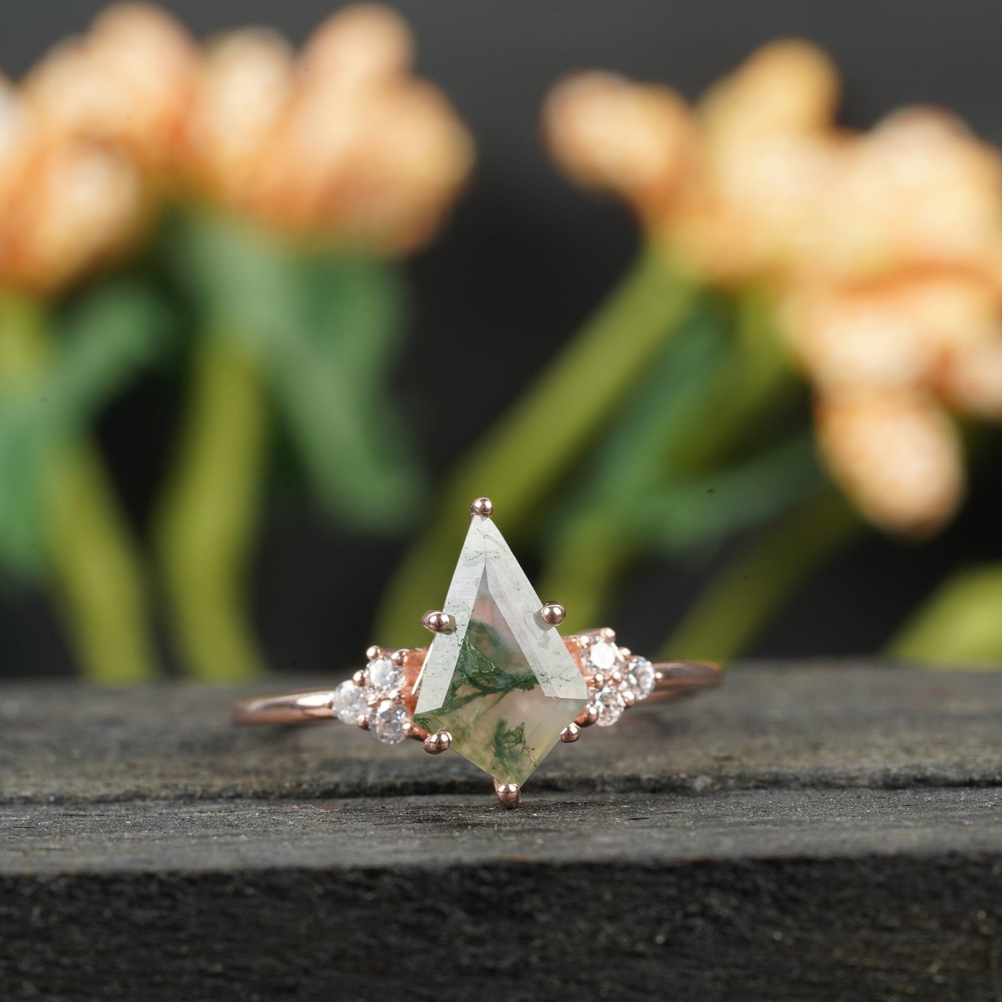 Kite Shaped Moss Agate Engagement Ring
