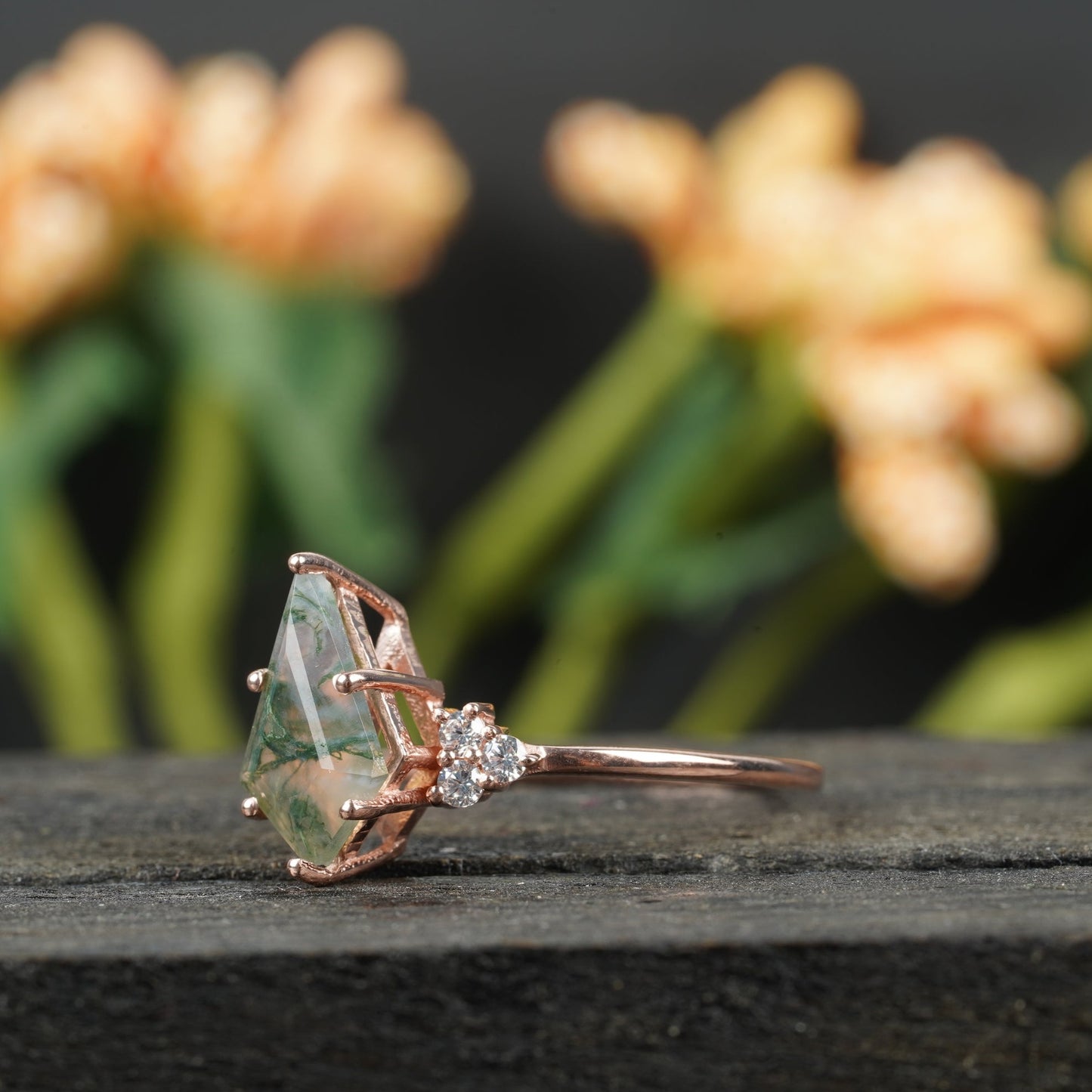 Kite Shaped Moss Agate Engagement Ring