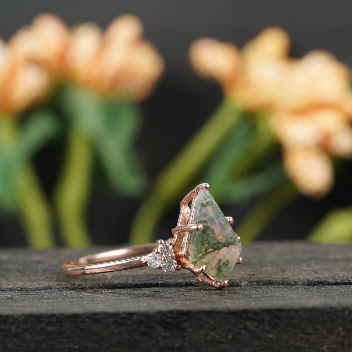 Kite Shaped Moss Agate Engagement Ring