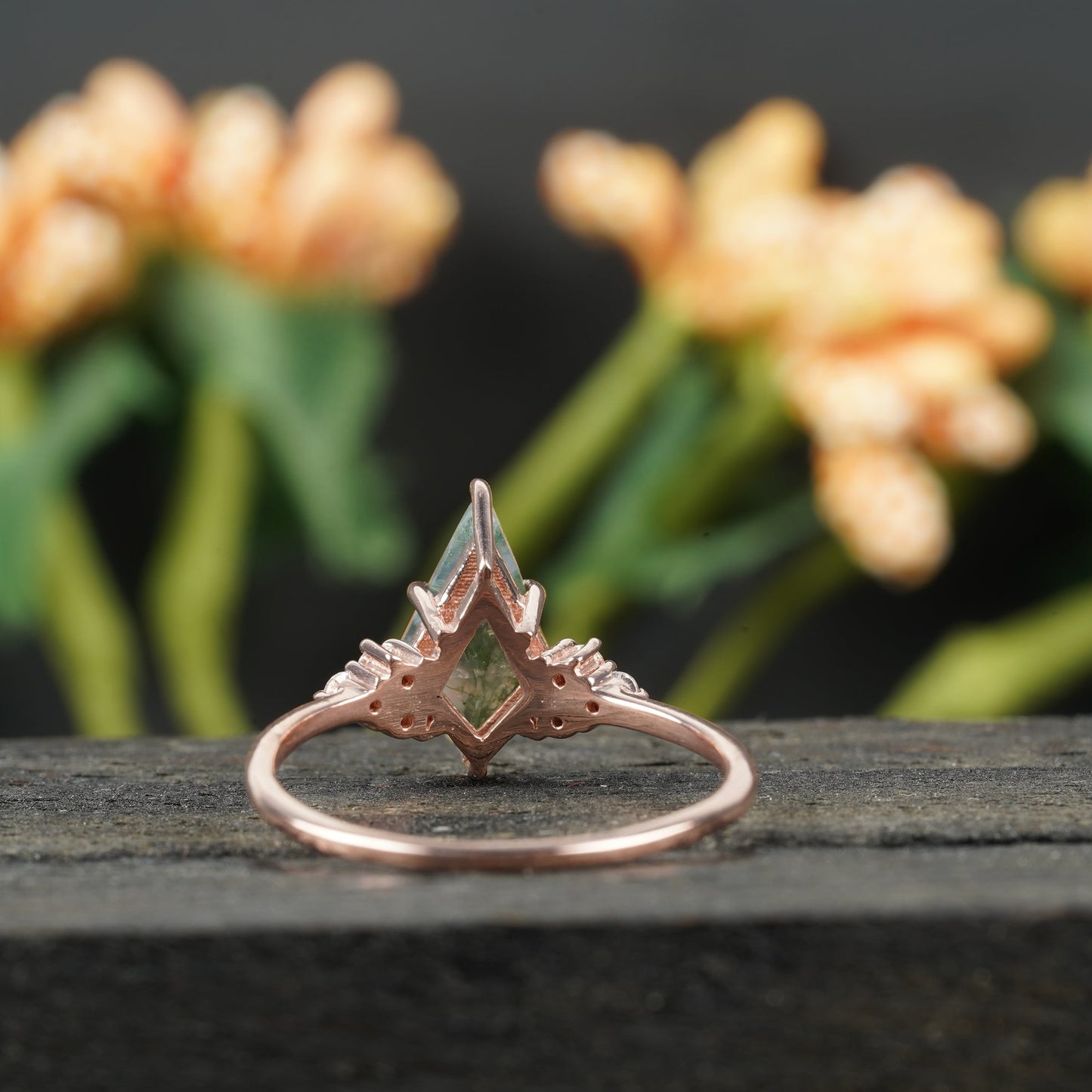 Kite Shaped Moss Agate Engagement Ring