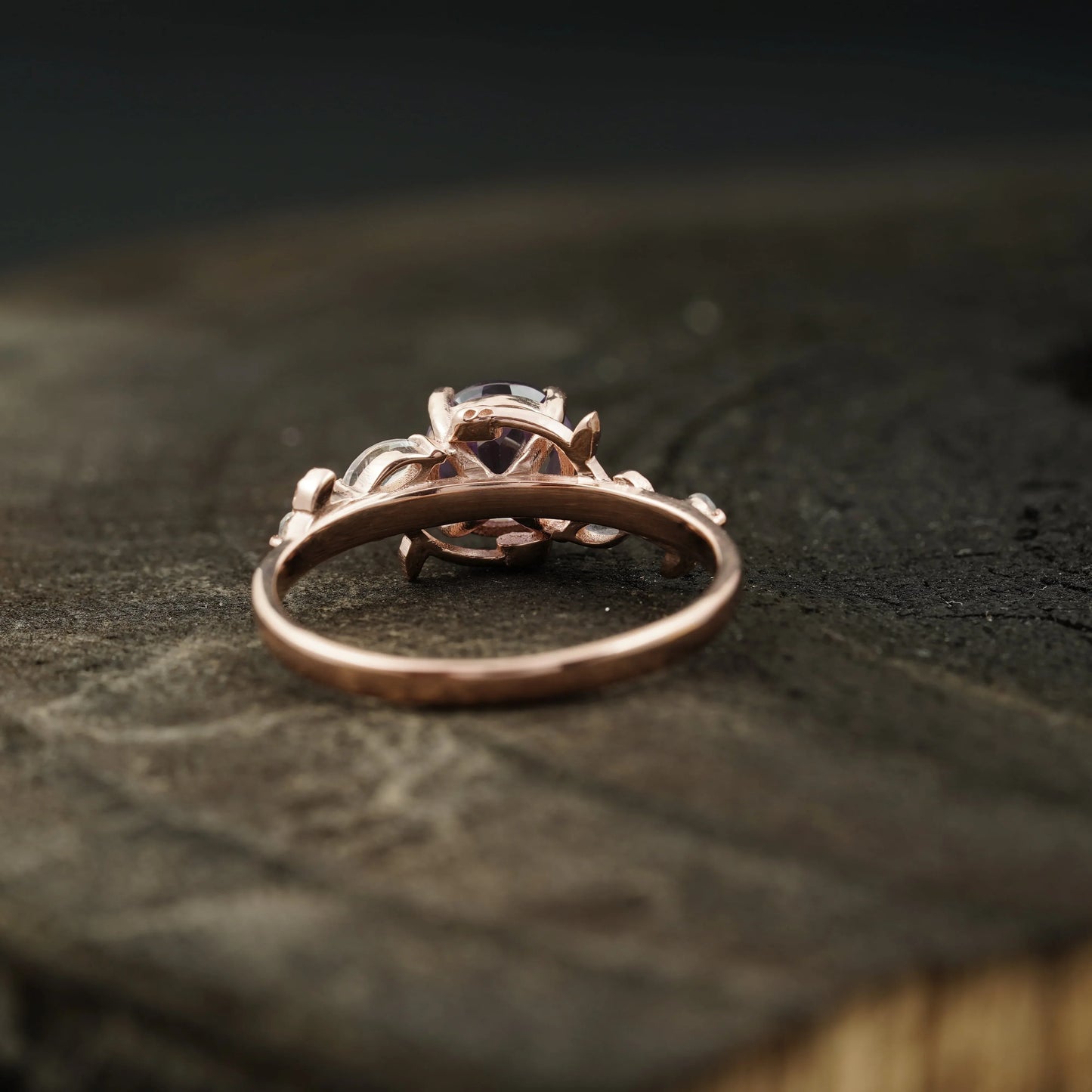 Round Alexandrite & Moonstone Inspired Leaf Design Engagement Ring - MinimalistJewels