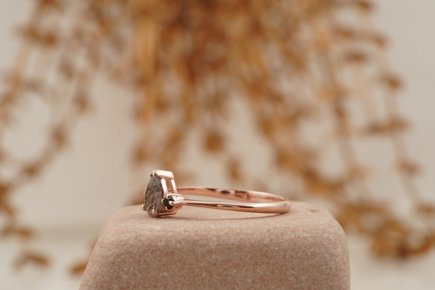 Black Rutilated Quartz Pear Three Stone Ring SIde Position