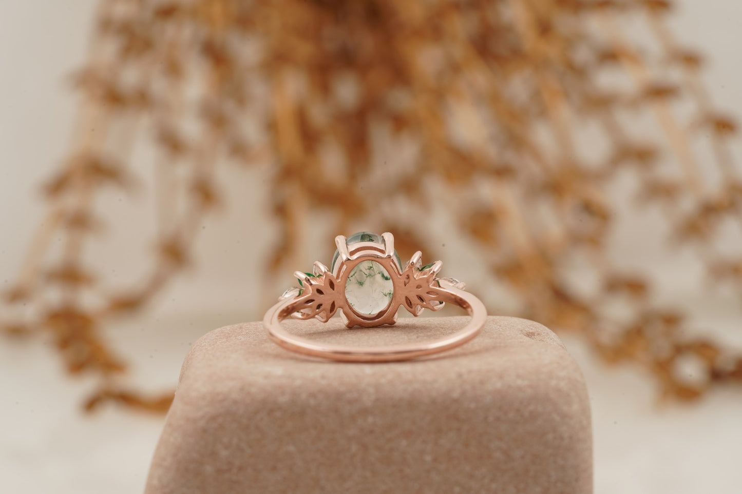 Oval Moss Agate Marquise Emerald And CZ Engagement Ring Back SIde