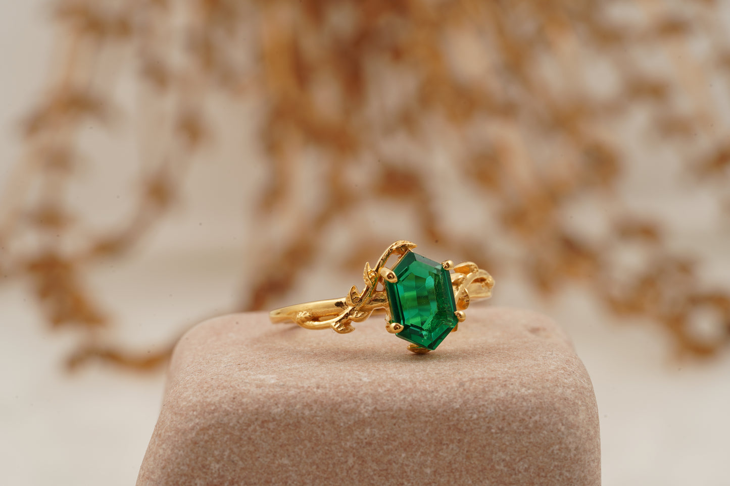 Emerald Hexagon Engagement Ring Right Side