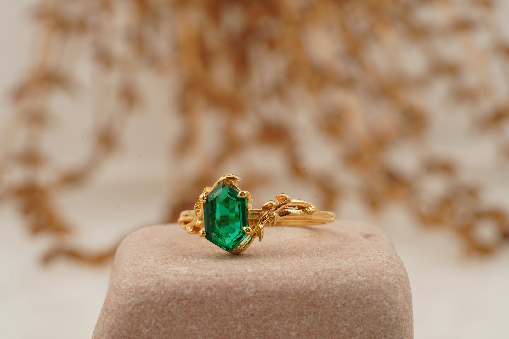 Emerald Hexagon Engagement Ring Left SIde