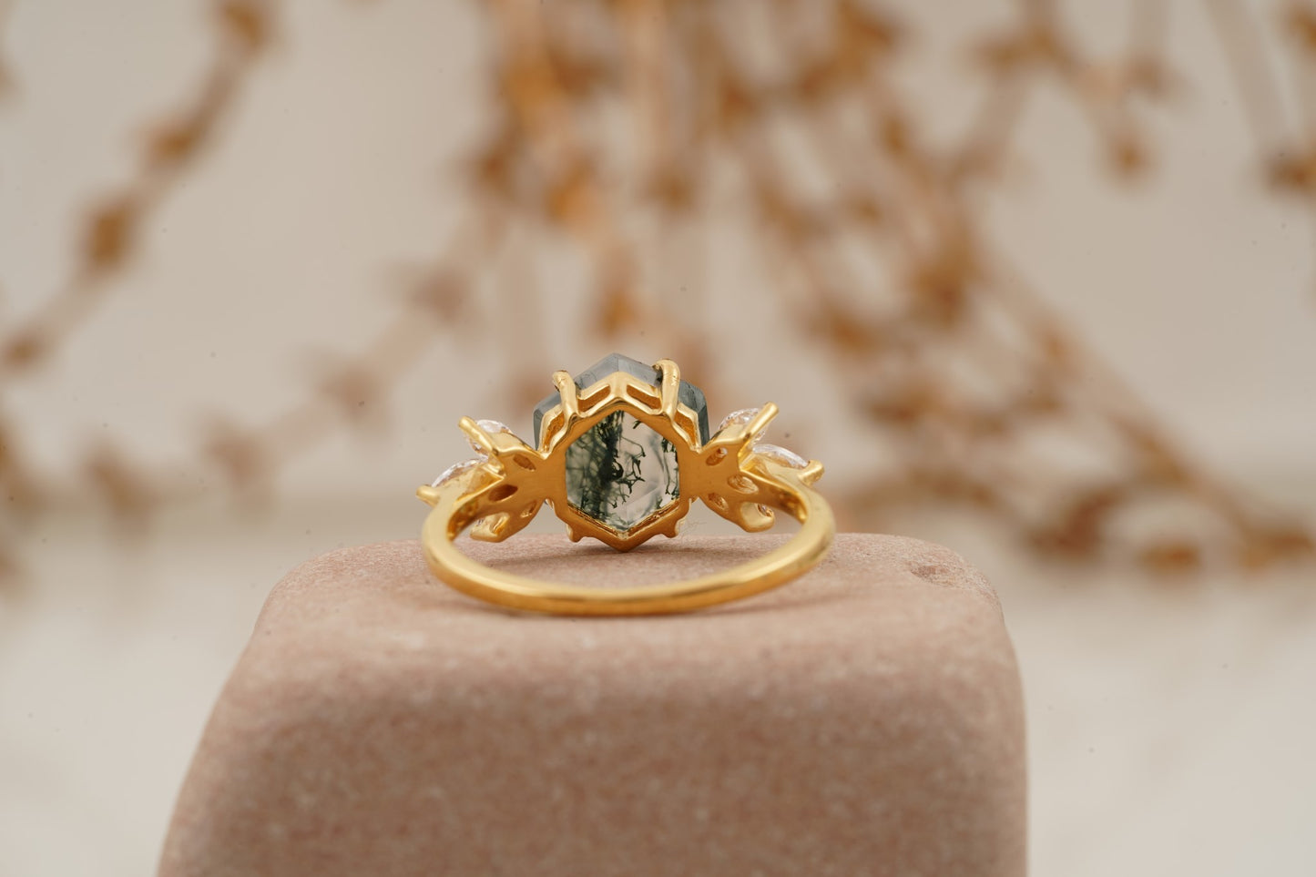Moss Agate Hexagon Marquise CZ Engagement Ring Back SIde
