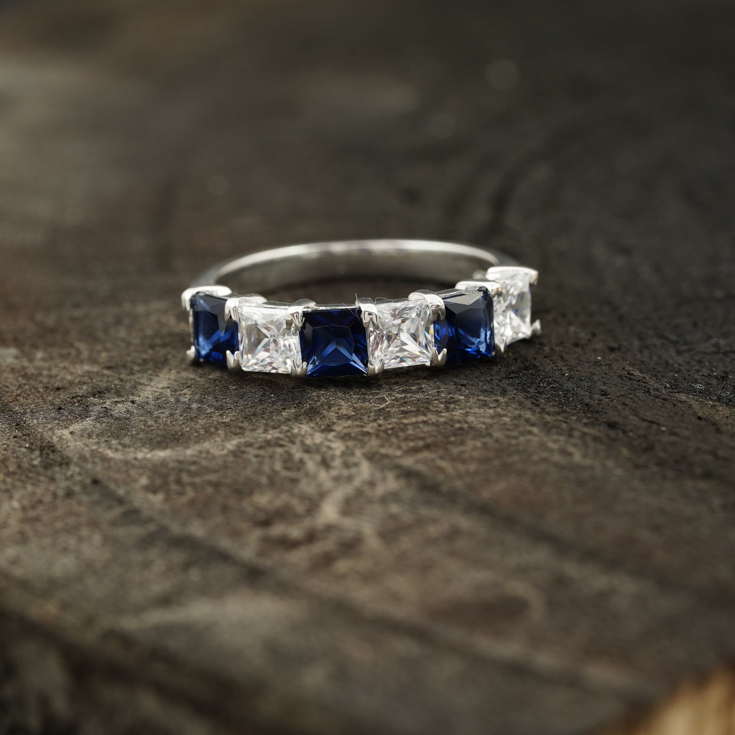 Princess Cut Sapphire And Diamond 925 Silver Wedding Band