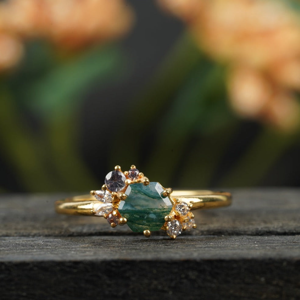 Hexagon Cut Moss Agate Cluster Art Deco Ring