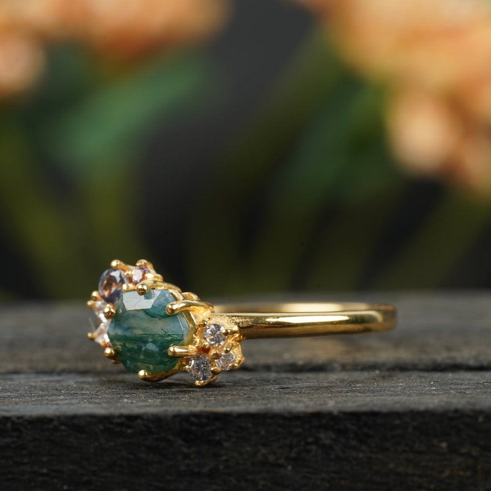 Hexagon Cut Moss Agate Cluster Art Deco Ring