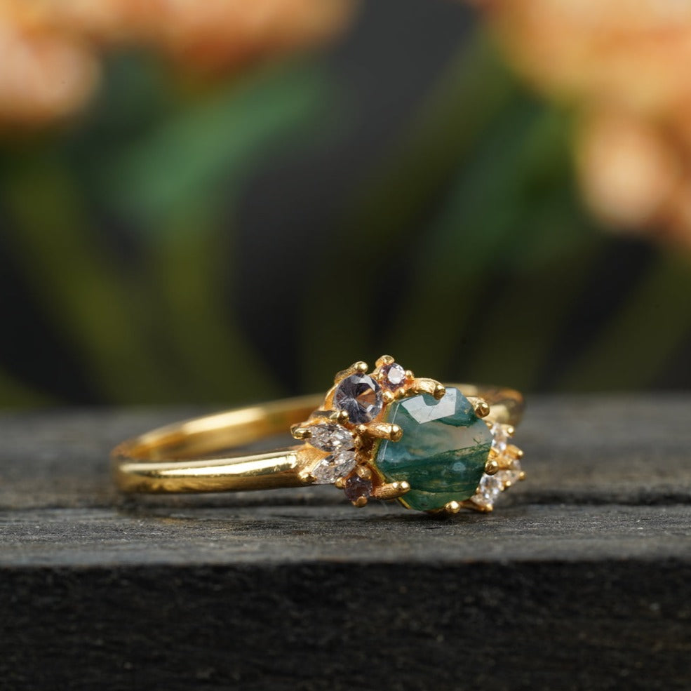 Hexagon Cut Moss Agate Cluster Art Deco Ring