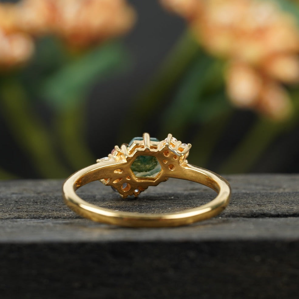 Hexagon Cut Moss Agate Cluster Art Deco Ring
