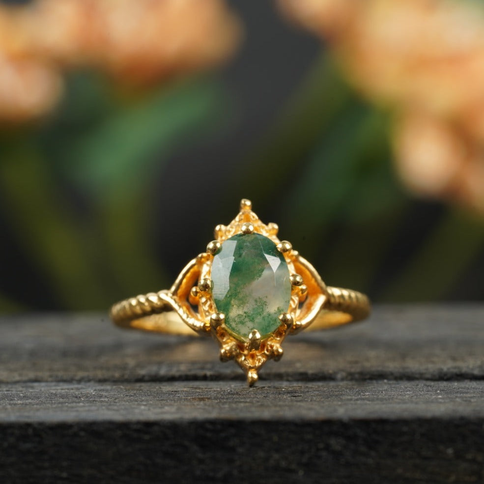 Vintage Oval Moss Agate 14k Gold Engagement Ring