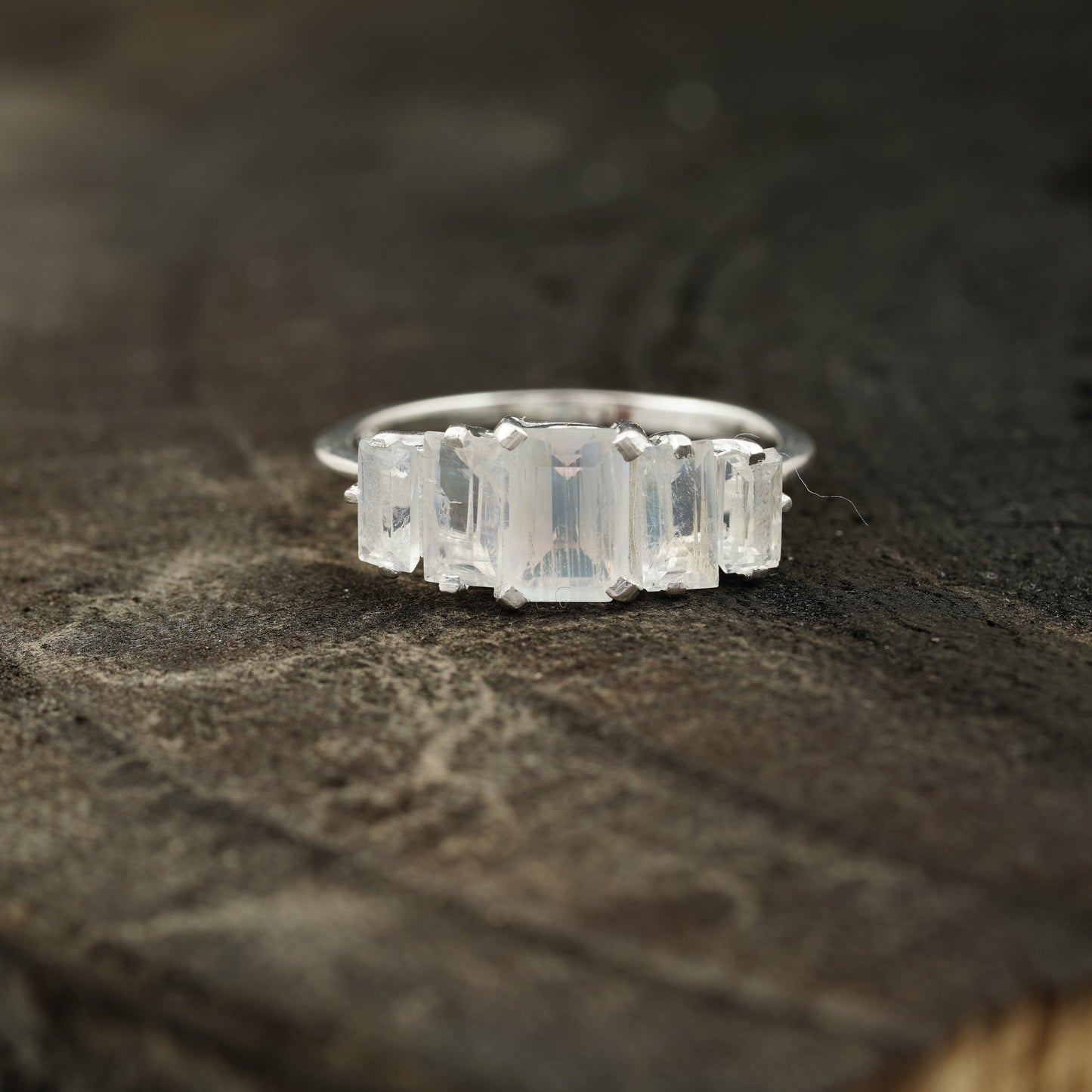 Emerald Cut Moonstone Engagement Ring