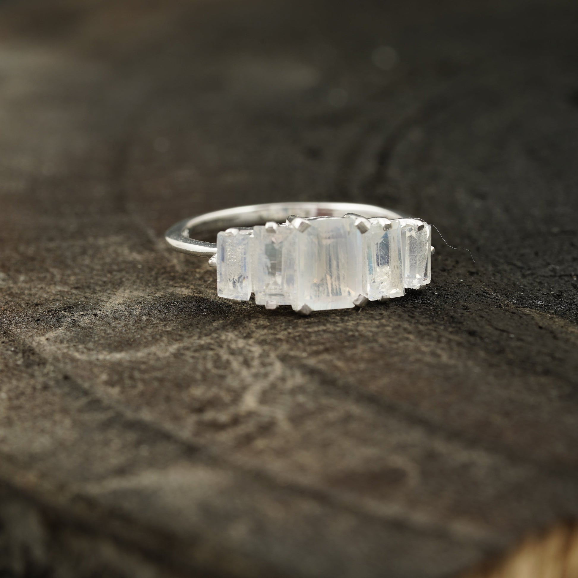 Emerald Cut Moonstone Engagement Ring Right Angle