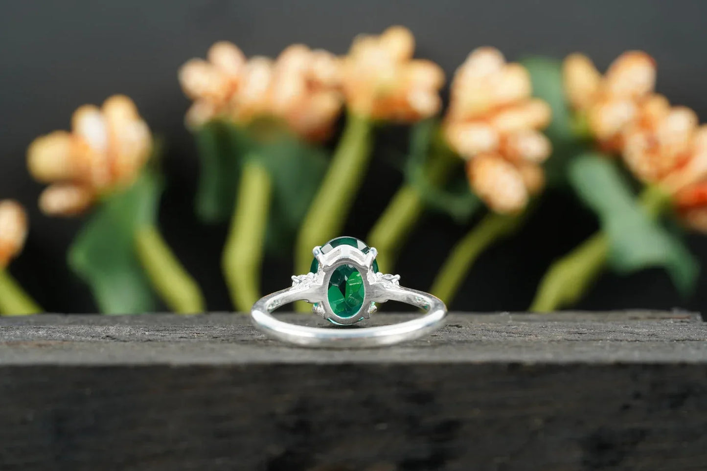 Oval Cut Emerald & Zirconia Three Stone Engagement Ring - MinimalistJewels