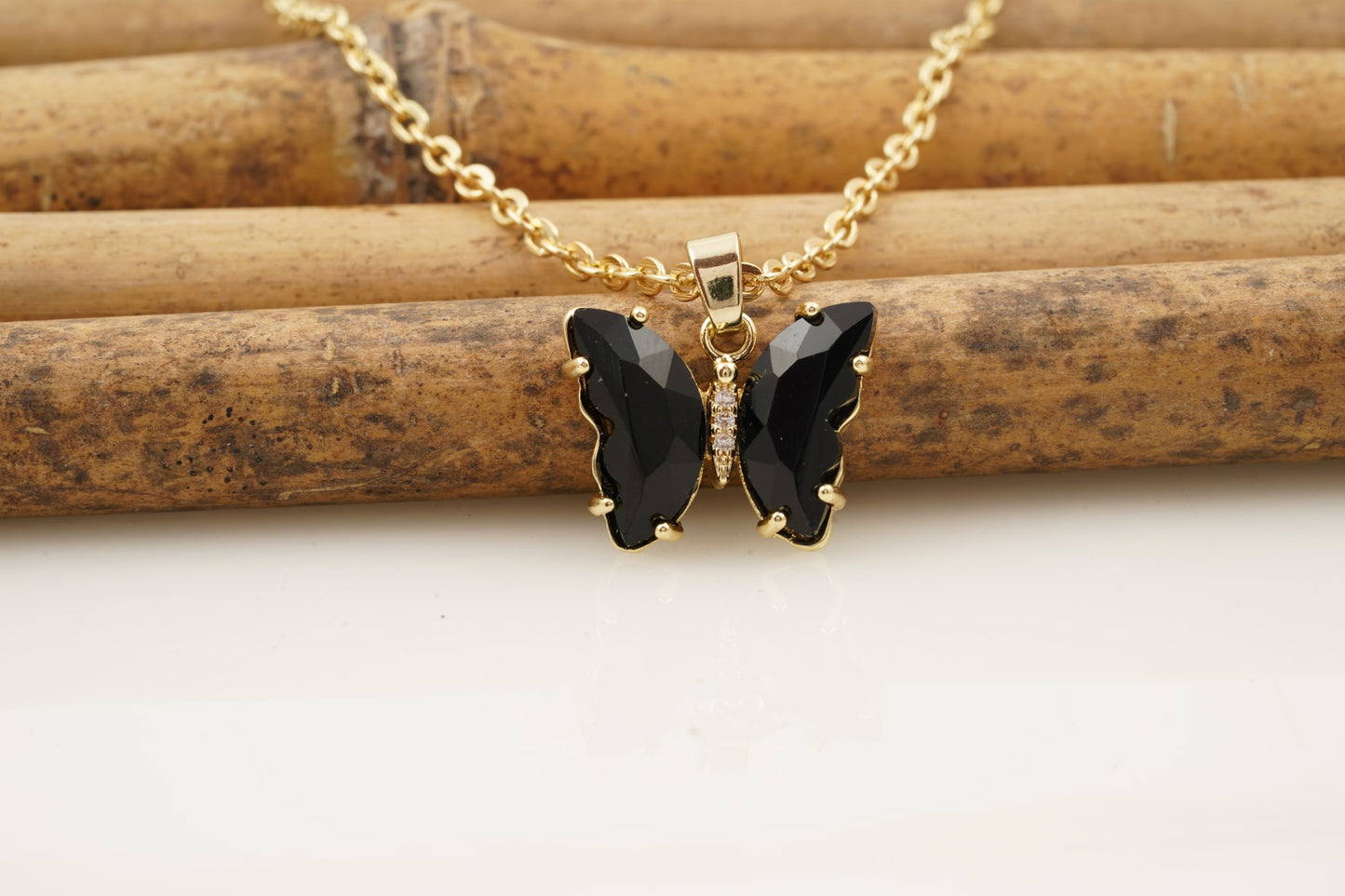 Black Onyx Butterfly Necklace With Diamonds And Prongs