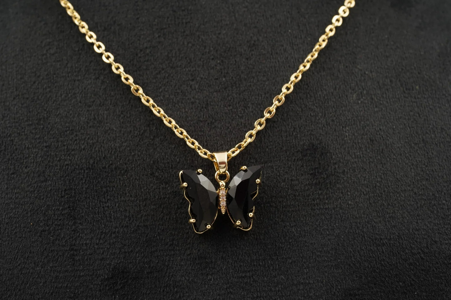 Black Onyx Butterfly Necklace With Diamonds And Prongs - MinimalistJewels