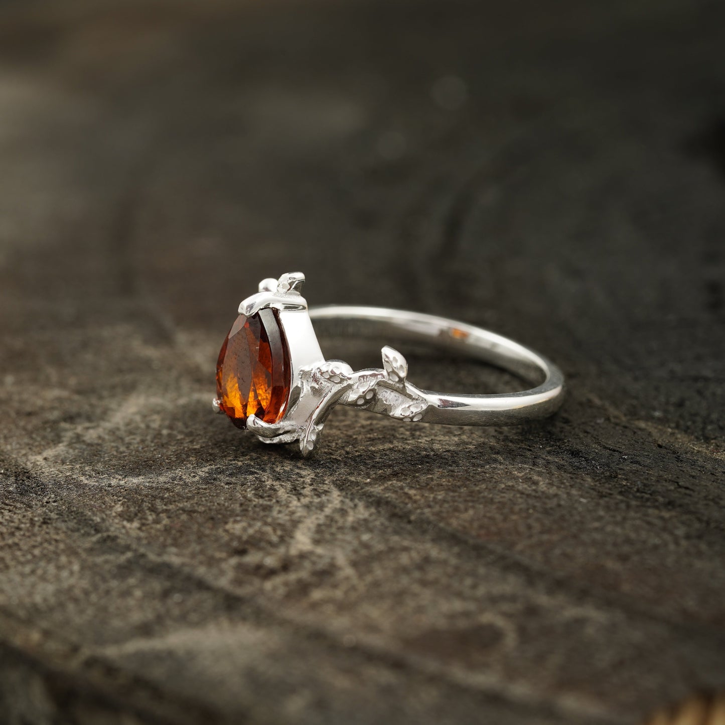 Red Garnet Leaf Engagement Ring Side Position