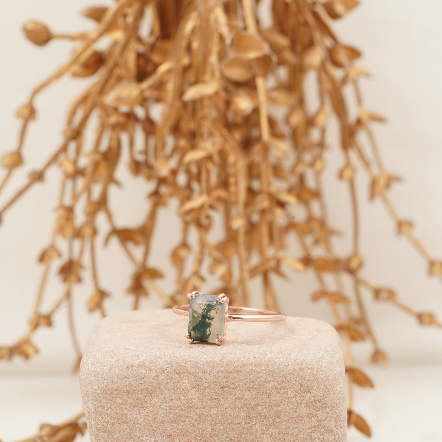 Emerald Cut Moss Agate Green Gemstone Solitaire Ring Left Angle