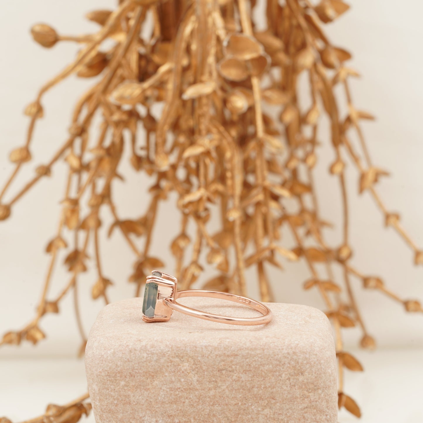 Emerald Cut Moss Agate Green Gemstone Solitaire Ring SIde Position